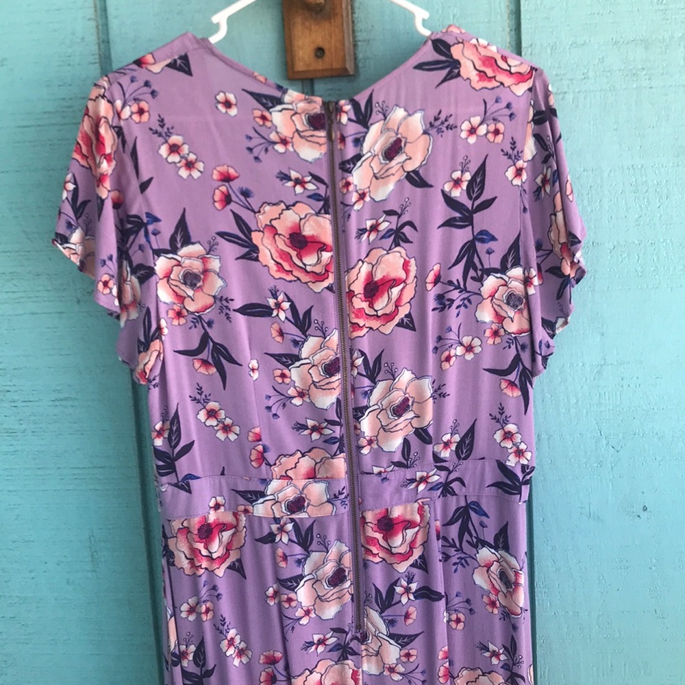 Purple Floral Midi Faux Wrap Dress - Picture 6 of 8